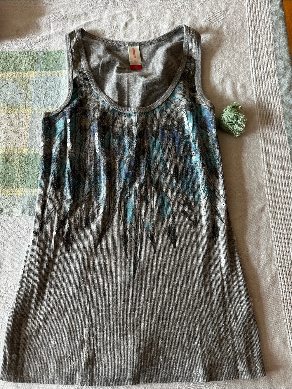 No Boundaries Grey Tank with Teal Feather-Print and Sequins